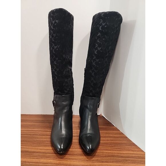 Coach Women's Fara‎ Tall Boots Black Leather Suede Classic Logo Monogram Sz 7B - Picture 1 of 11